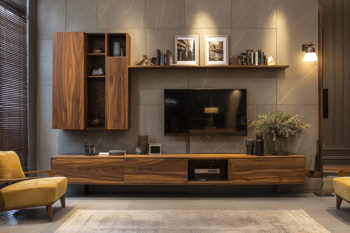 Full-Wall Media Console with Bookmatched Porcelain Slab & Charcoal Slats #16